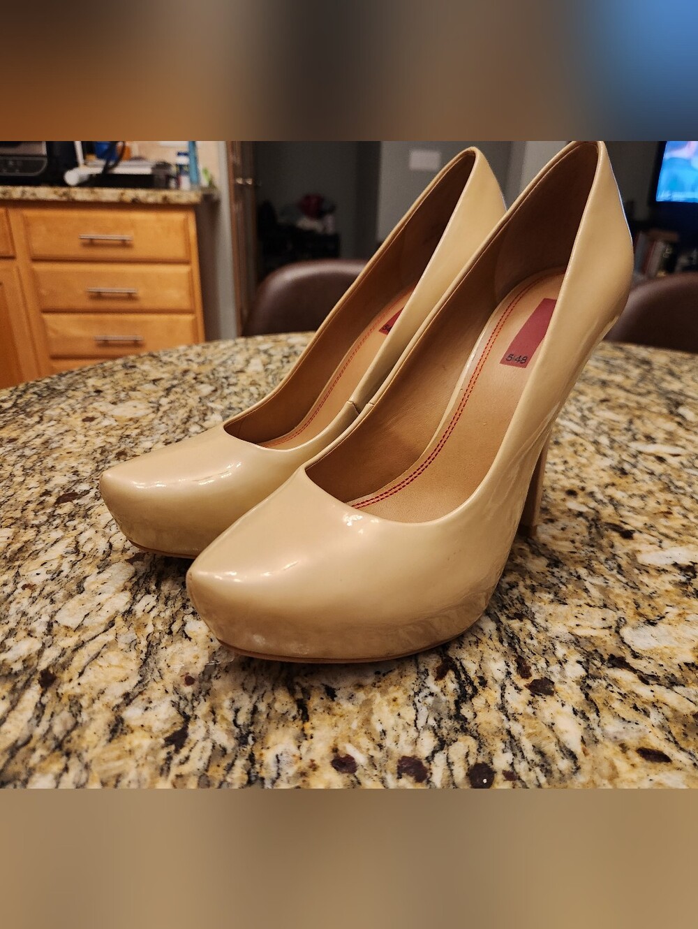 5/48 Patent Platform Pumps in Nude Beige, Size 38